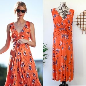 Sleeveless Orange Knot-Front Floral Maxi Dress